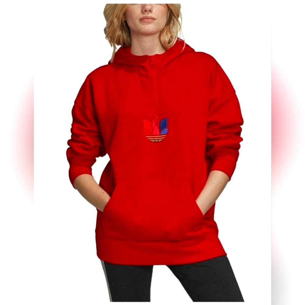Adidas Adicolor 3D Trefoil Women's Red Half-Zip Hoodie Sz ZL